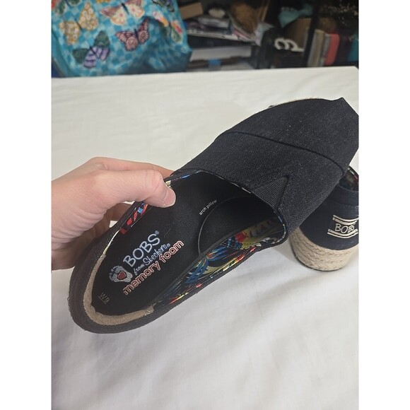 Bobs Skechers Shoes‎ 9 Espadrilles Slip On Comfort Black Tan Fabric Wedge Arch - Picture 8 of 10